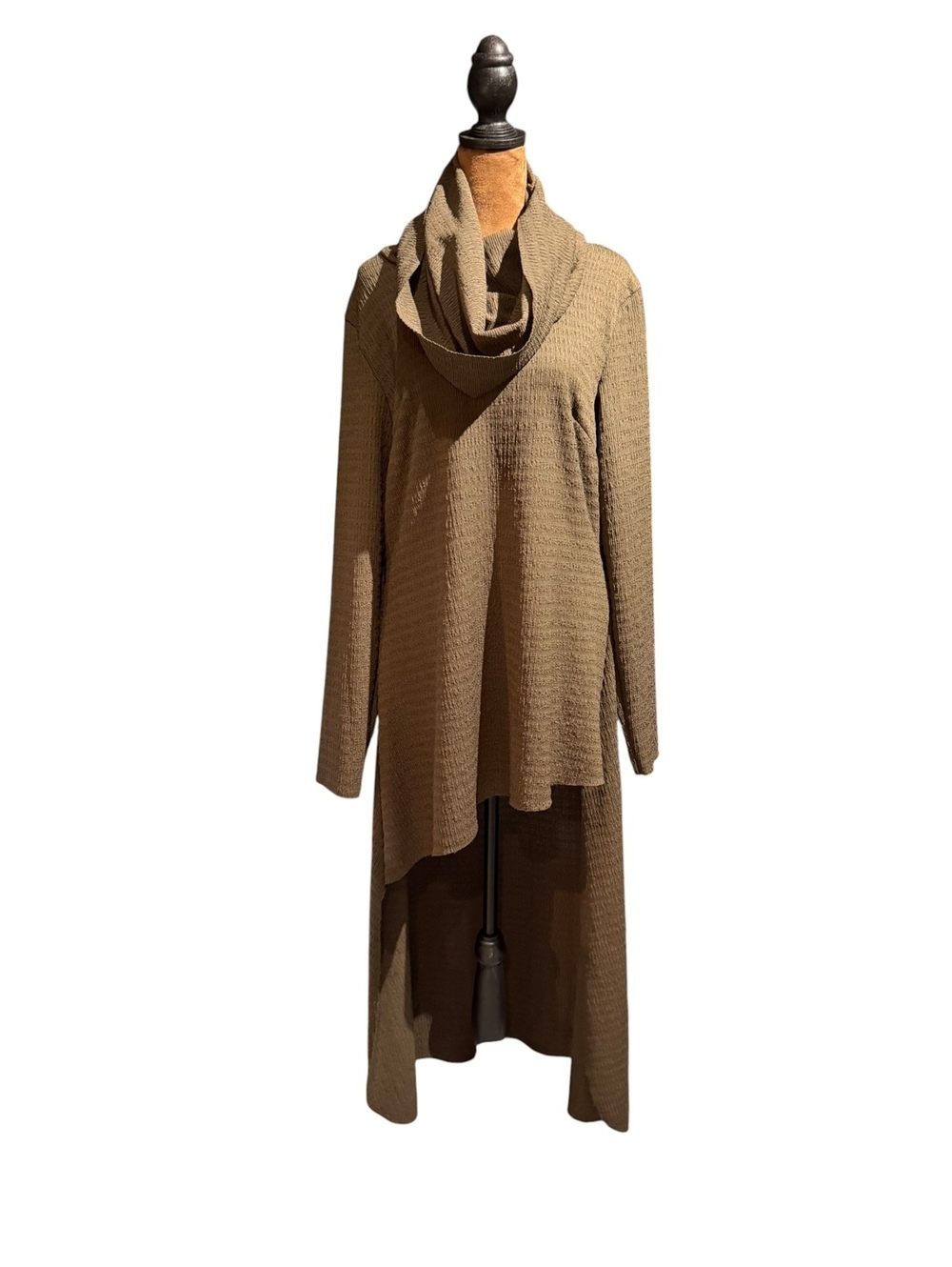 Brown Long Sleeve High-Low Tunic with Draped Cowl Neck
